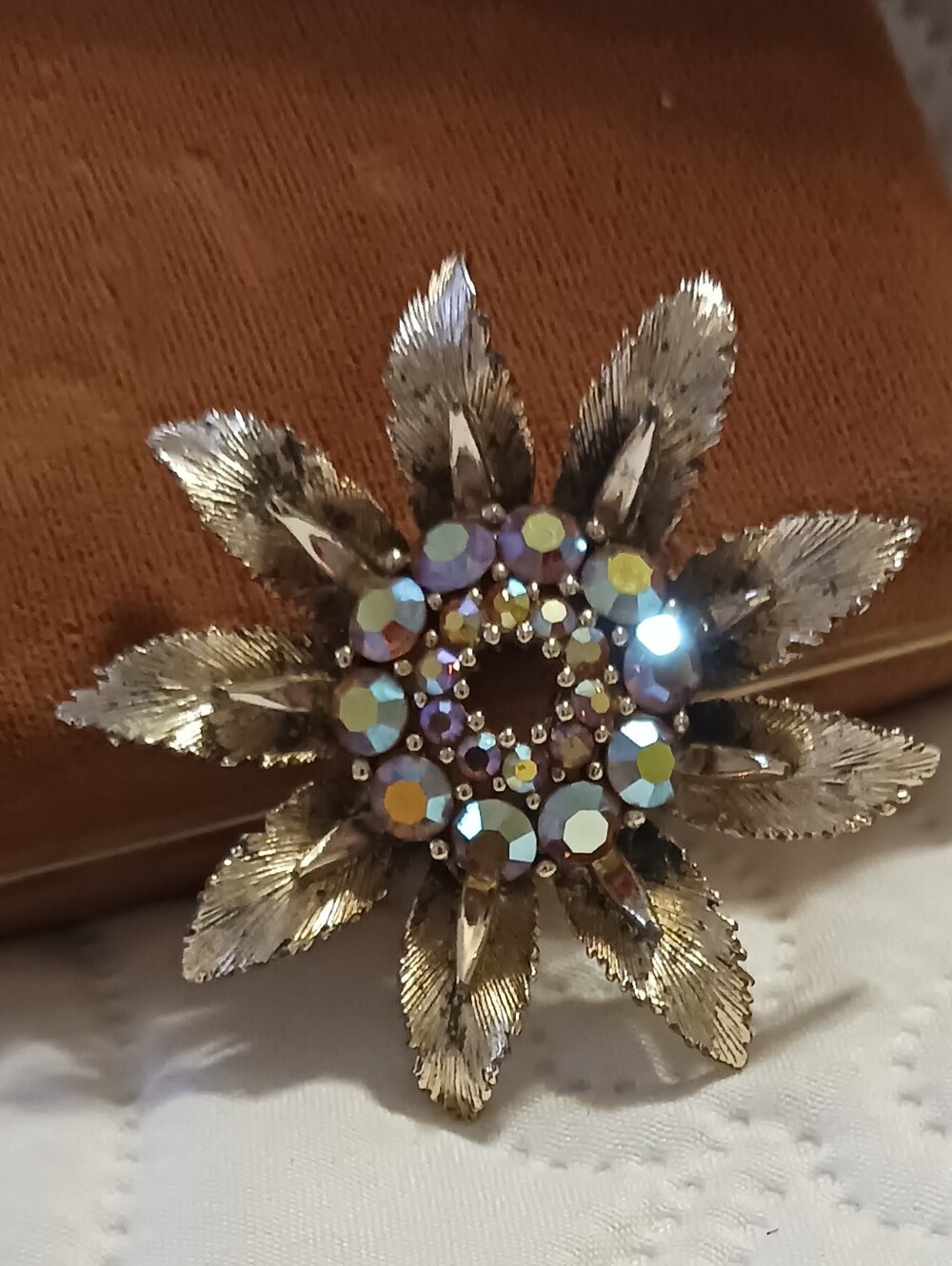BSK Vintage Gold-Tone Aurora Borealis Flower Brooch Marked BSK